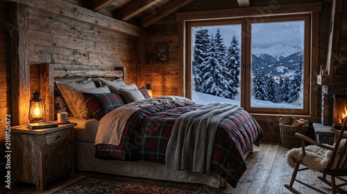 Rustic bedroom with cozy bed and snowy forest view from window