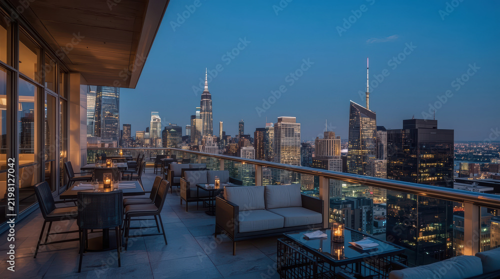 Obraz premium Modern rooftop lounge overlooking vibrant city skyline at blue hour with warm ambient lighting