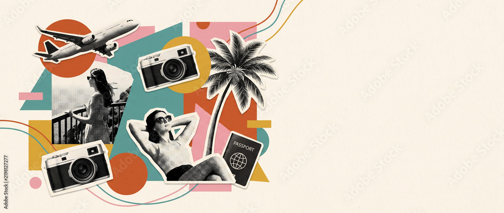 Obraz premium Trendy Retro vintage collage Travel Summer holiday vacation banner design with Retro travel scrapbook collage with woman and vintage cameras, airplane, palm tree background with empty space for text