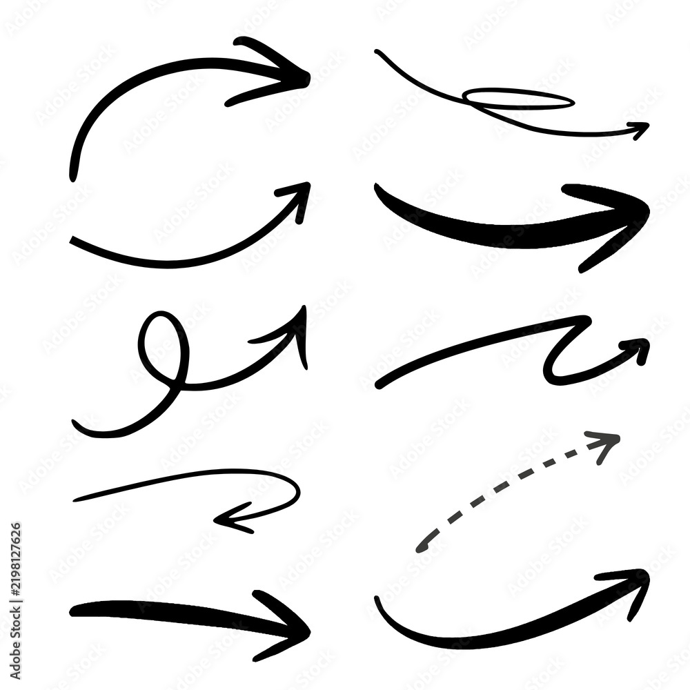 Fototapeta premium Hand Drawn Black Arrow Set PNG on Transparent Background, Sketchy Curved Arrow Signs, Graphic Design Elements for Business Presentation, Flowchart Pointers