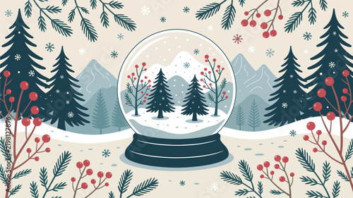 Winter snow globe illustration with pine trees, mountains, and festive red berries on a soft beige background, perfect for holiday greeting cards and seasonal designs