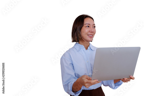 Professional asian woman holding a laptop, smiling, thinking about business success, transparent background
