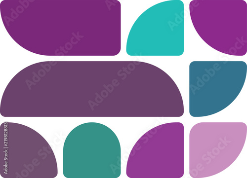 Abstract geometric pattern with colorful rounded shapes, modern minimalist composition with purple and teal elements, vector illustration