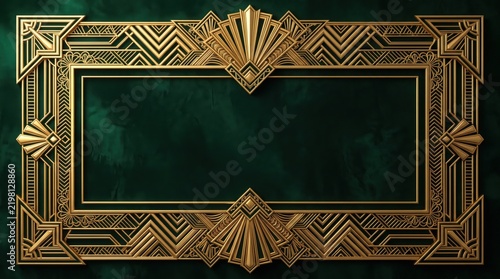 Luxurious gold Art Deco vintage rectangular frame on a dark emerald green background