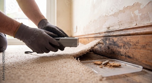 water damage surveyor checks carpet edge beside stained baseboard to document affected materials, assess moisture impact, and plan restoration scope