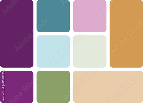 Abstract geometric composition with colorful rounded rectangles and squares arranged in a modern mosaic pattern