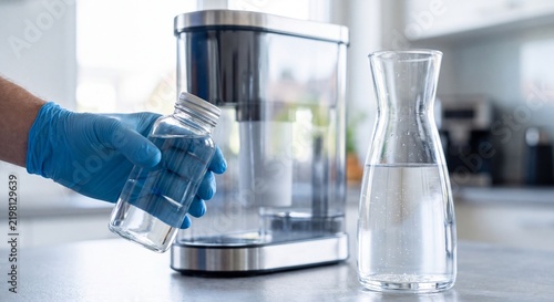 technician holds sealed sample beside water carafe and filter unit to document service verification, review drinking water quality, and support filtration maintenance