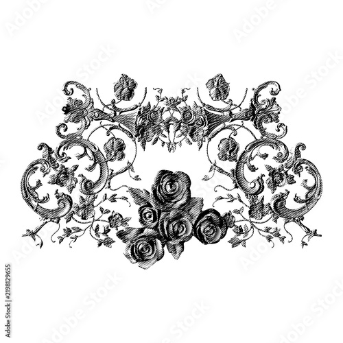 Cuadro en lienzo Botanical rococo openwork lyre in black engraving