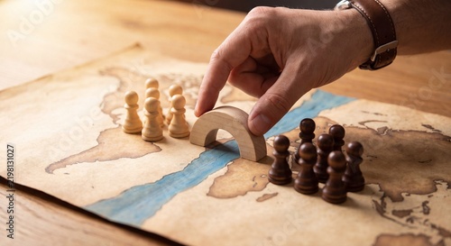 strategist bridges pawn groups on world map to represent trade cooperation, diplomatic coordination, and shared economic planning