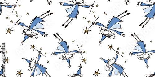 Flying elves cheerful outline hand drawn seamless pattern, vector background, paper, textile, wrapper