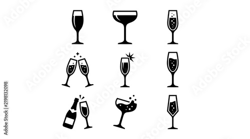 Champagne glasses and bottles icon set featuring sparkling drinks and celebration toasts