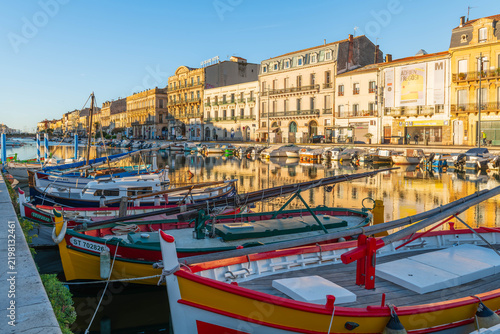 Typical boats of Sète on the royal canal in Sète, in Hérault, in Occitanie, France