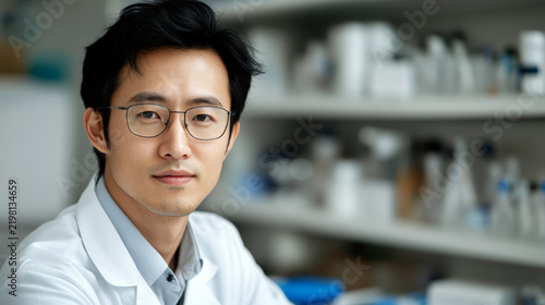 Portrait of a young Asian male scientist wearing a white lab coat and glasses in a laboratory