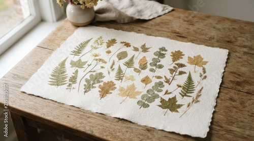 A handcrafted paper placemat with a variety of pressed leaves and ferns, placed on a rustic wooden table with a window in the background.