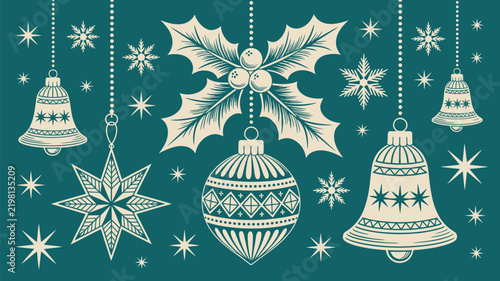 Vintage christmas ornaments collection with holly, bells, and stars on a teal background, festive holiday vector illustration for seasonal greeting card design