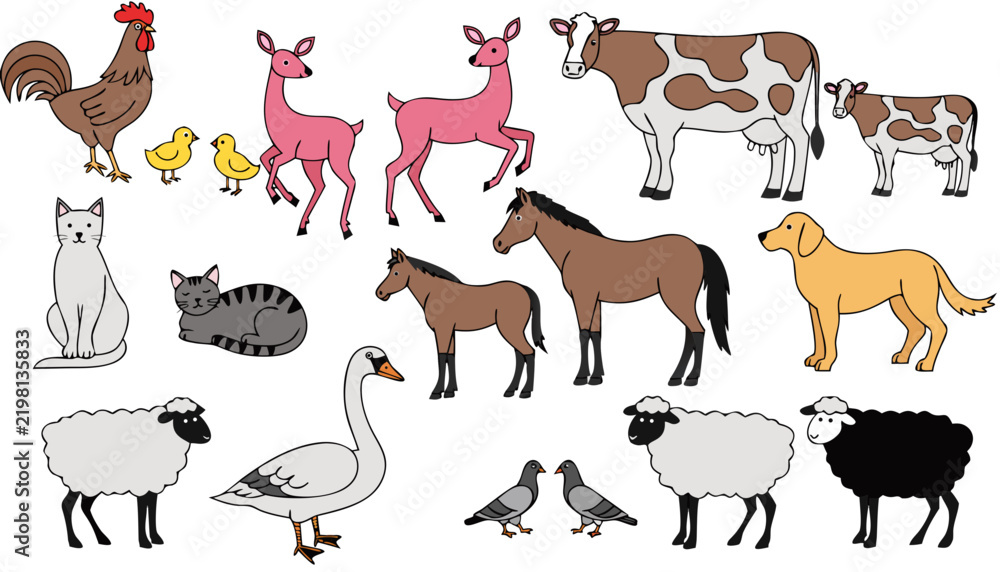 Obraz premium Cute domestic and farm animals vector set isolated on white background. Flat illustration of cow, horse, sheep, dog, cat, deer, rooster, duck, and birds.