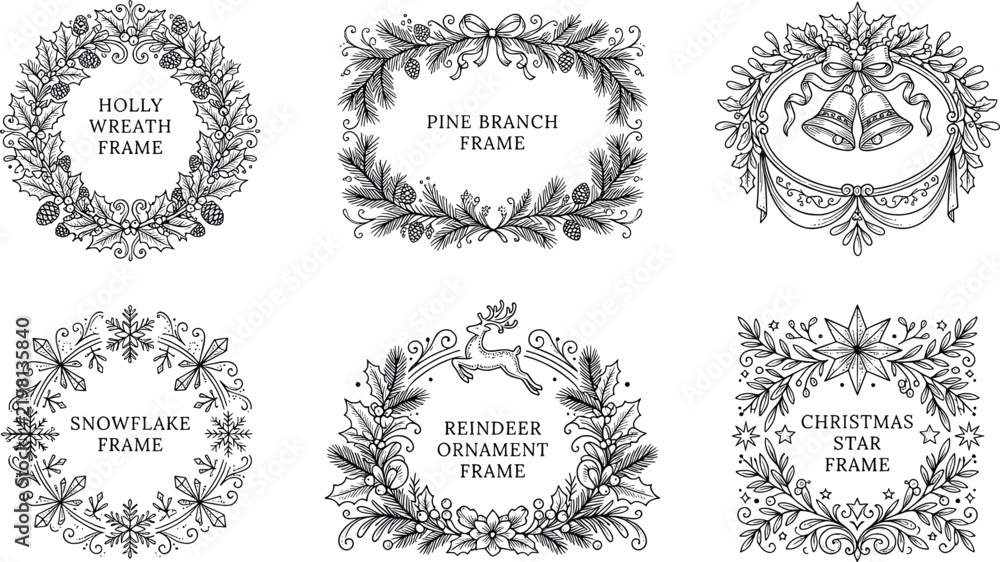 Fototapeta premium Vintage Christmas frame vector collection, black line art holiday wreath borders set, holly pine reindeer ornaments for greeting cards