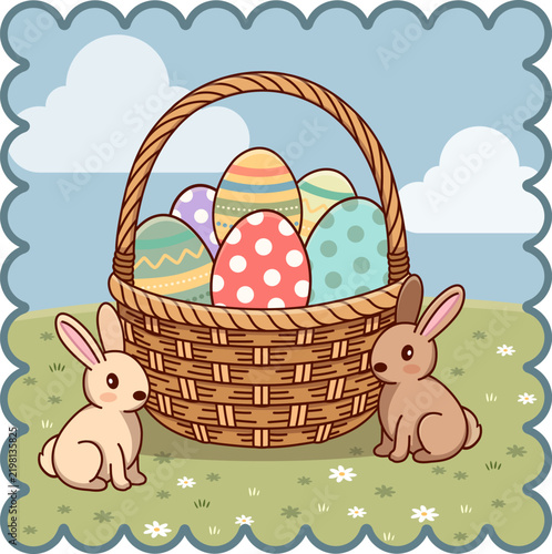 Easter Wicker Basket Filled with Colorful Patterned Eggs and Cute Bunnies Vector Illustration