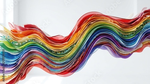 A colorful, abstract wave of fabric in rainbow colors, with a white background and a slight shadow effect.