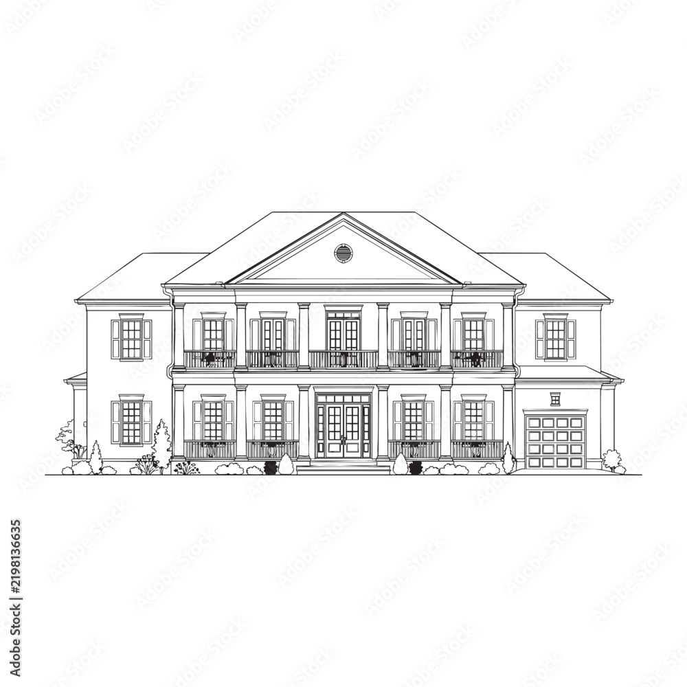 Obraz premium Elegant Classical American House Exterior Elevation Line Art