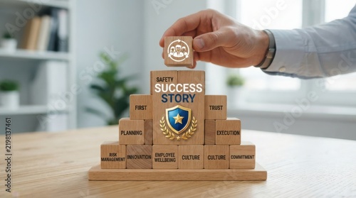Hand building a wooden block pyramid about success story