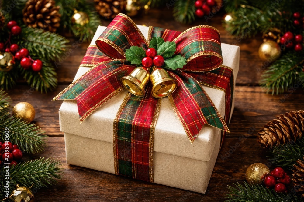 Obraz premium Festive gift with plaid ribbon.