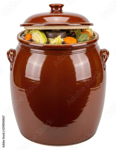Ceramic crock for fermenting vegetables isolated on a transparent background
