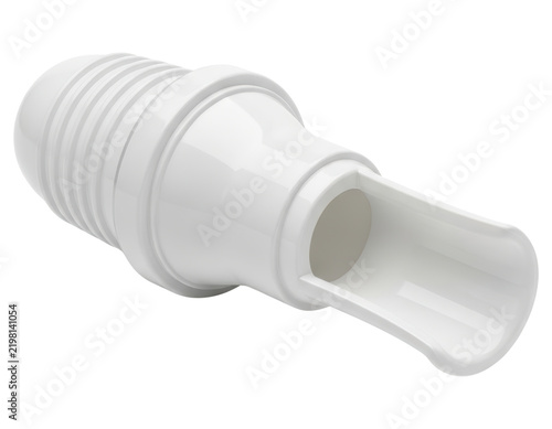 White plastic industrial spout connector component with transparent backdrop