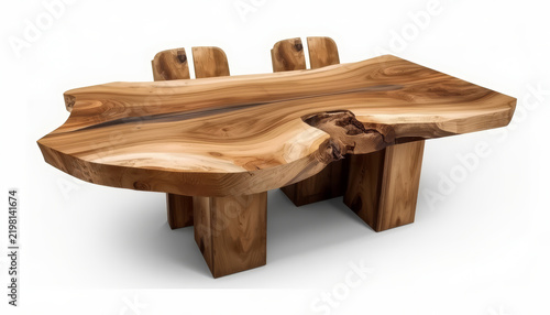 Wooden dining table set against a white background.