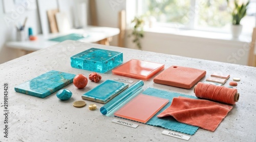 A collection of colorful objects, including turquoise and orange cubes, a teal and orange block, and a teal and orange fabric, arranged on a concrete countertop in a modern, minimalist setting.