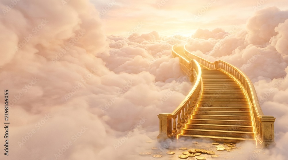 Obraz premium Golden staircase rising into soft fluffy clouds at sunrise symbolizing spiritual journey wealth achievement and heavenly success.