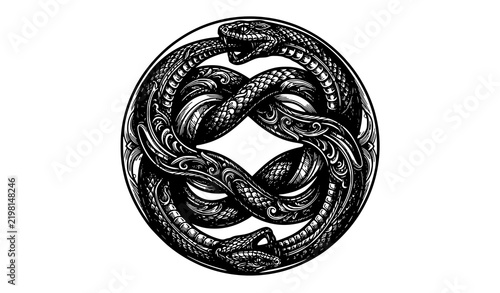Vintage Double Serpent Ouroboros Engraving Tattoo Black White Vector