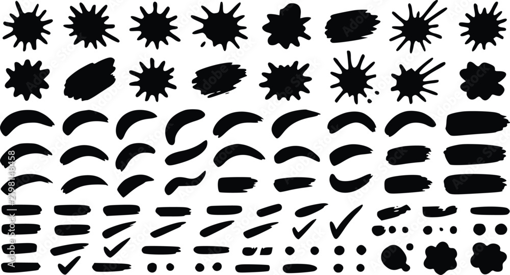 Fototapeta premium Versatile collection of black ink vector splash shapes and grunge brush strokes isolated on white for artistic design project layouts