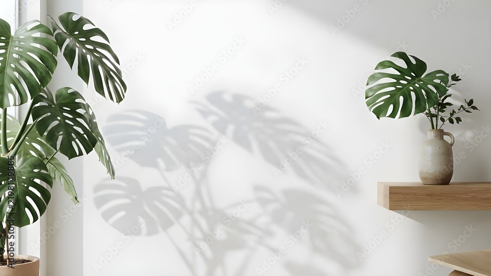 Obraz premium 하얀 벽면에 나뭇잎 그림자가 드리워진 미니멀한 실내 공간 컷 / A minimal indoor space cut with tree leaf shadows cast on a white wall