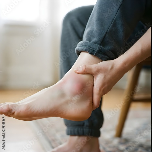 통증이 있는 발목 관절 부위를 손으로 잡고 마사지하는 모습 / Holding and massaging the painful ankle joint area with hands