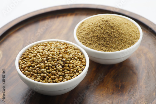 Obraz na płótnie Indian spice called coriander powder and coriander selective focus