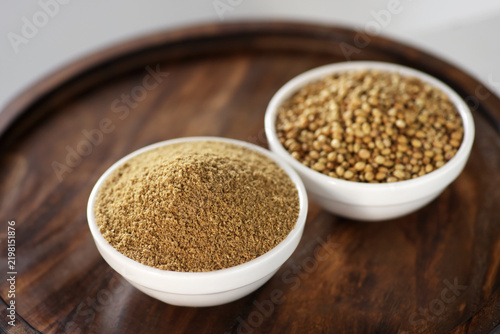 Photography Indian spice called coriander powder and coriander selective focus