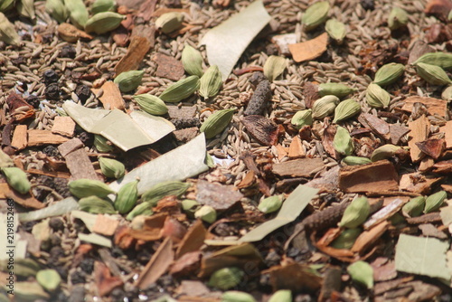 Indian spices. Indian spicy curry masala for making curry in India. Masala tea, Ayurvedic medicine used in India. Ayurveda for good health. Garam masala for meat dishes cinnamon, cardamom ,star anise.