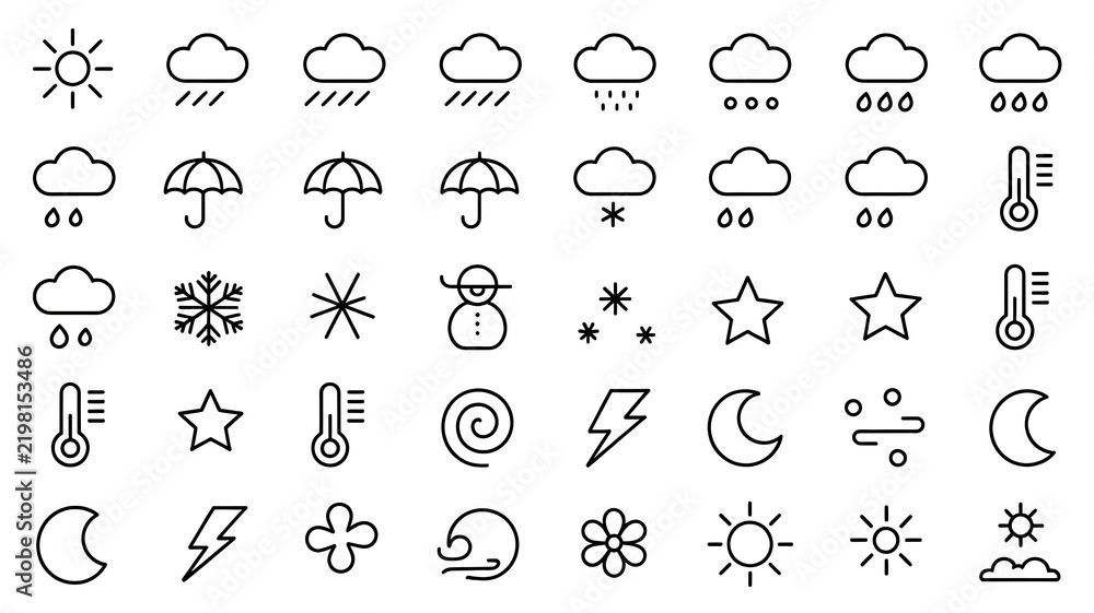 Fototapeta premium Minimalist Weather Forecast Icon Set Featuring Sun Rain Clouds Snow Temperature and Wind Elements for User Interface Design