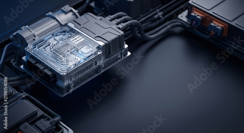 Liquid-cooled power inverter module demonstrating high efficiency current conversion in an electric vehicle powertrain