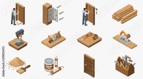 Isometric Infographic Showing Woodworking Tools and Door Installation Process