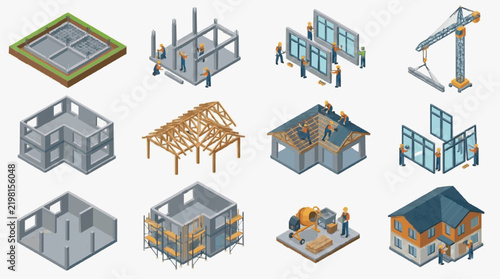 Isometric Construction Process of a House from Foundation to Completion