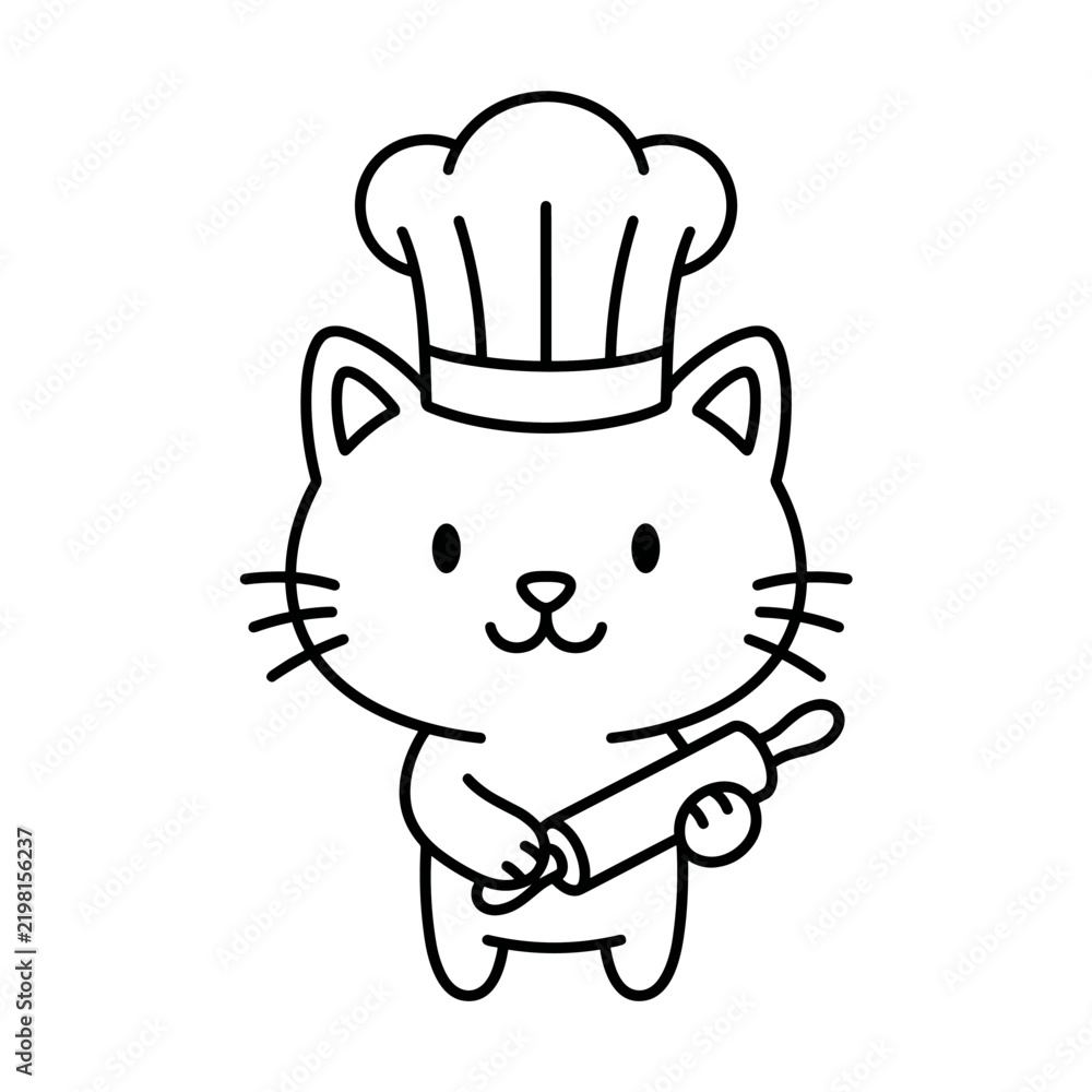 Fototapeta premium Cute cartoon cat chef wearing a hat and holding a rolling pin