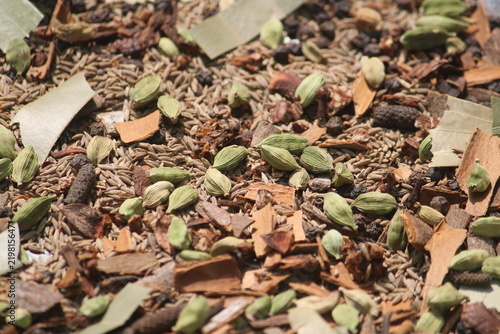 Indian spices. Indian spicy curry masala for making curry in India. Masala tea, Ayurvedic medicine used in India. Ayurveda for good health. Garam masala for meat dishes cinnamon, cardamom ,star anise.