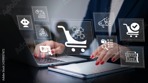 AI ecommerce automation and online shopping platform concept showing smart cart, chatbot, marketing icons, store management, sales analytics, workflow tool, digital retail growth, business technology