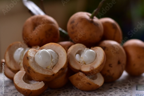 fruit is called greater tampoi aka aglaia sp with white fruit content and light brown fruit skin, Baccaurea macrocarpa fruit