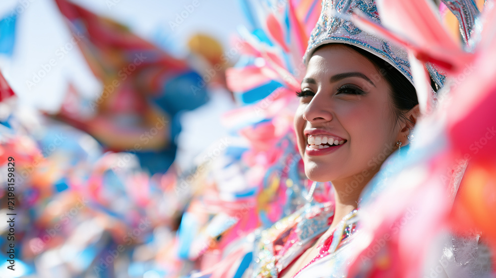 Obraz premium Joyful Portrait of a Beautiful Dancer Celebrating During the Vibrant and Colorful Carnaval de San Miguel Street Parade Festival