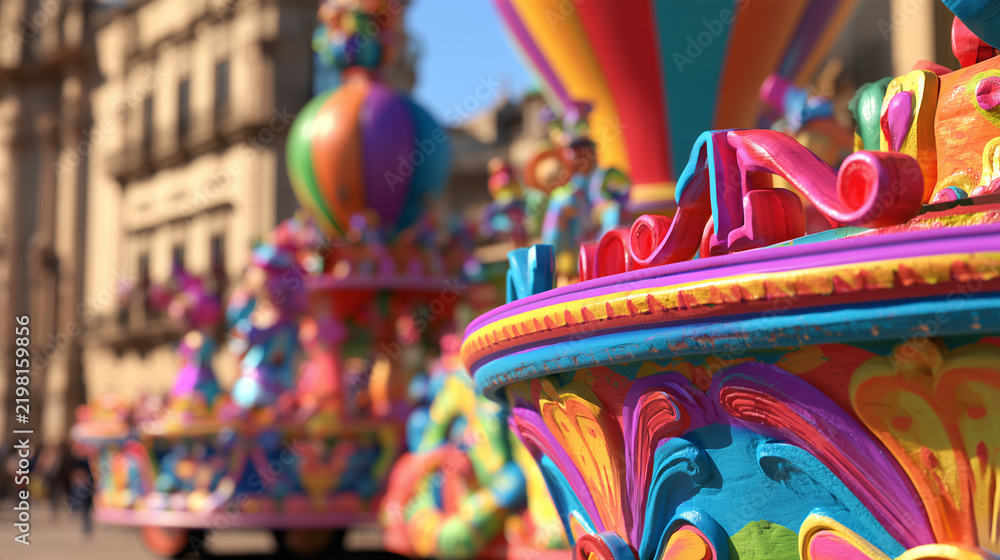 Obraz premium Vibrant Festive Floats Displaying Artistic Craftsmanship During the Celebratory Carnaval de San Miguel Parade in a Historic City Square Setting