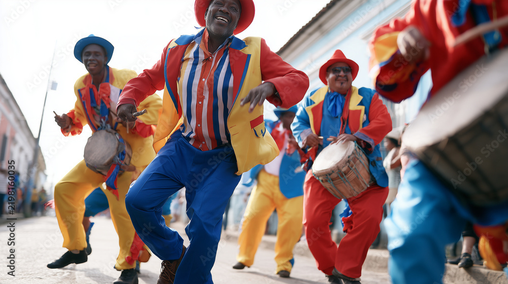 Obraz premium Joyful traditional musicians performing at the vibrant Carnaval de San Miguel street parade celebration with rhythmic drumming and colorful festive costumes