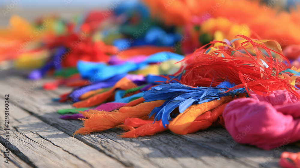 Fototapeta premium Vibrant multicolored ribbons and festive fabric decorations scattered on a rustic wooden pier representing the spirit of Carnaval de San Miguel celebration